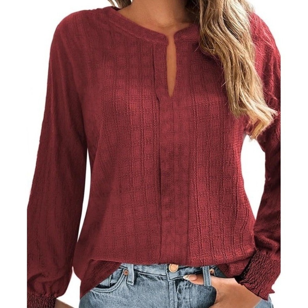 Dokotoo Long Sleeve Top Women Medium Wine NWT Textured Split Neck Blouse C999